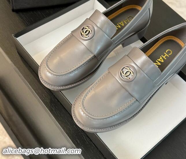 Good Quality Chanel Shiny Calfskin Loafers with Circle CC Grey 1120021