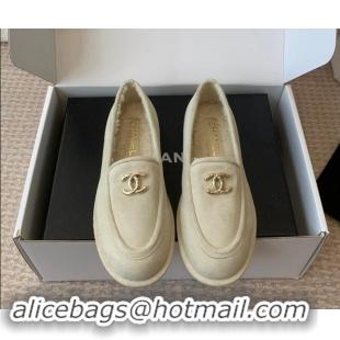 Top Sales Chanel Suede & Shearling Wool Loafers Flat Beige 1120022