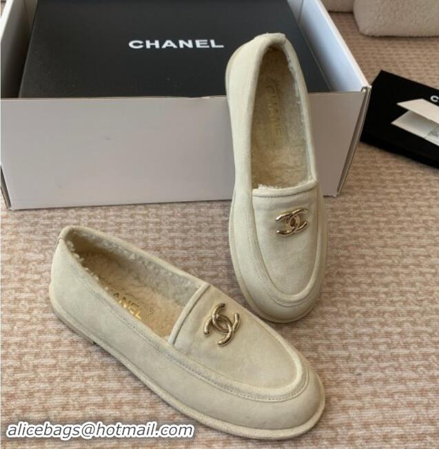 Top Sales Chanel Suede & Shearling Wool Loafers Flat Beige 1120022