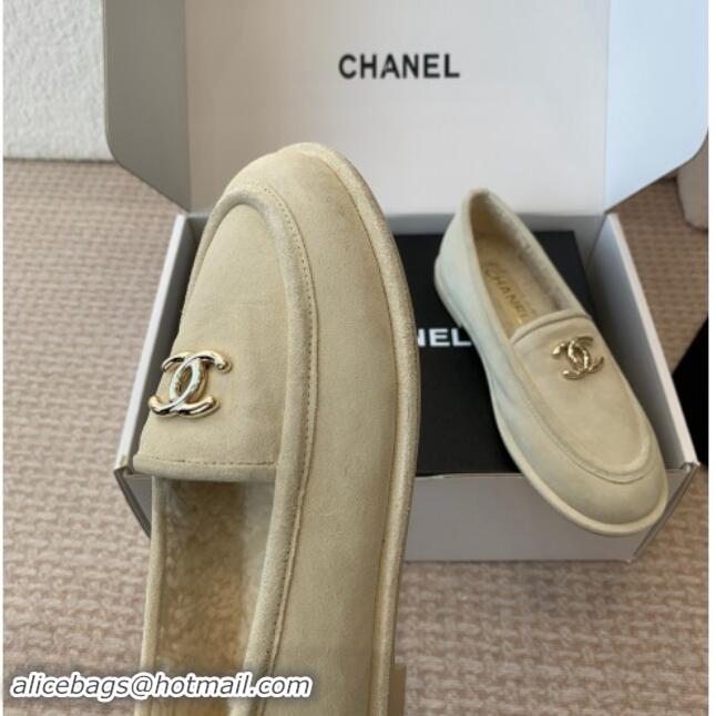 Top Sales Chanel Suede & Shearling Wool Loafers Flat Beige 1120022