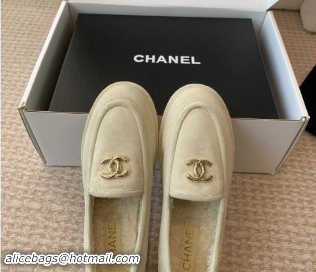 Top Sales Chanel Suede & Shearling Wool Loafers Flat Beige 1120022