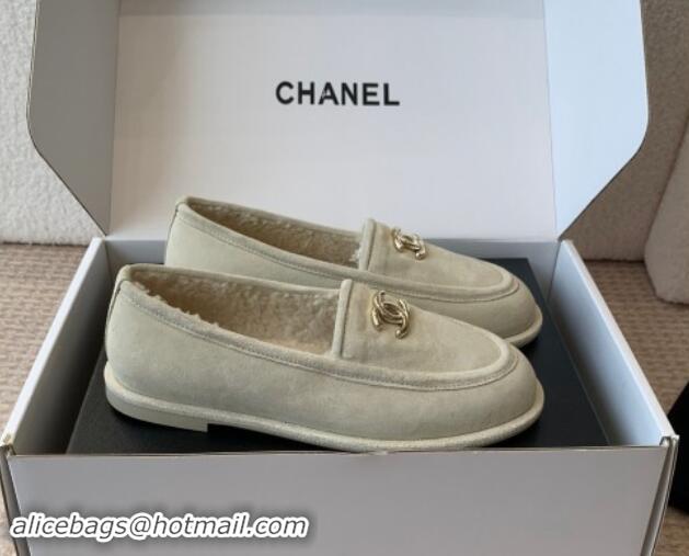 Top Sales Chanel Suede & Shearling Wool Loafers Flat Beige 1120022