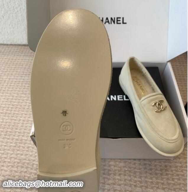 Top Sales Chanel Suede & Shearling Wool Loafers Flat Beige 1120022