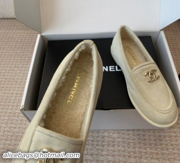 Top Sales Chanel Suede & Shearling Wool Loafers Flat Beige 1120022