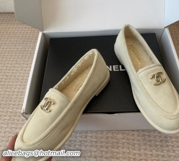 Top Sales Chanel Suede & Shearling Wool Loafers Flat Beige 1120022