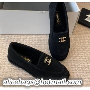 Top Grade Chanel Suede & Shearling Wool Loafers Flat Black 120023