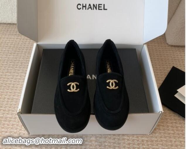 Top Grade Chanel Suede & Shearling Wool Loafers Flat Black 120023