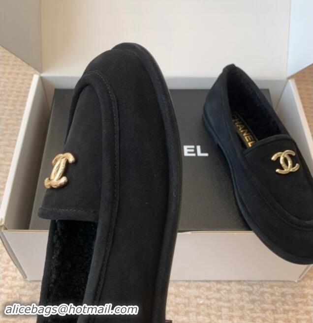 Top Grade Chanel Suede & Shearling Wool Loafers Flat Black 120023