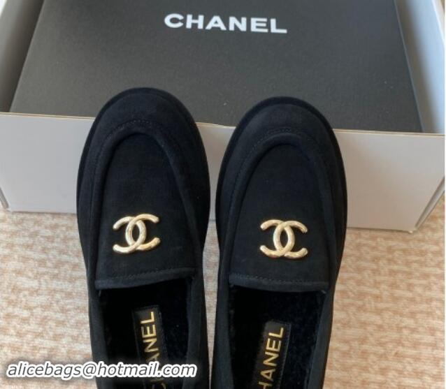 Top Grade Chanel Suede & Shearling Wool Loafers Flat Black 120023