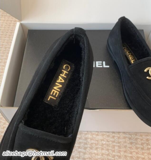 Top Grade Chanel Suede & Shearling Wool Loafers Flat Black 120023