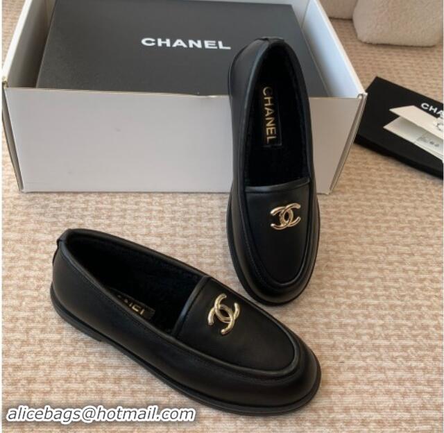 Top Grade Chanel Suede & Shearling Wool Loafers Flat Black 120023