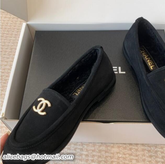 Top Grade Chanel Suede & Shearling Wool Loafers Flat Black 120023