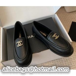 Most Popular Chanel Calfskin & Shearling Wool Loafers Flat Black 1120024