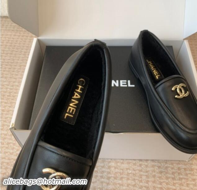 Most Popular Chanel Calfskin & Shearling Wool Loafers Flat Black 1120024