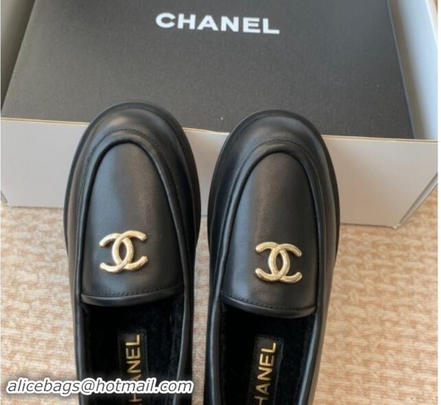 Most Popular Chanel Calfskin & Shearling Wool Loafers Flat Black 1120024