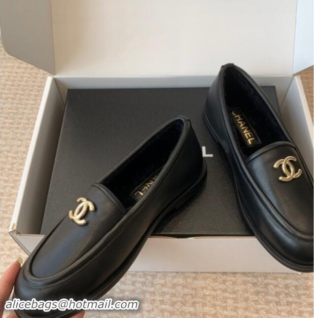 Most Popular Chanel Calfskin & Shearling Wool Loafers Flat Black 1120024