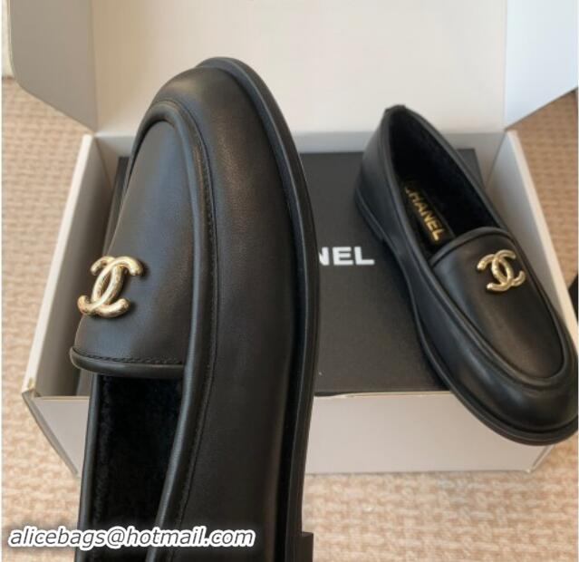 Most Popular Chanel Calfskin & Shearling Wool Loafers Flat Black 1120024