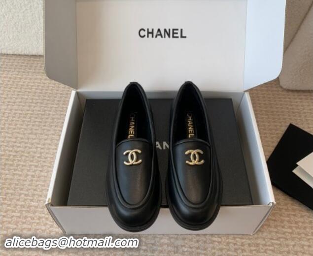 Most Popular Chanel Calfskin & Shearling Wool Loafers Flat Black 1120024