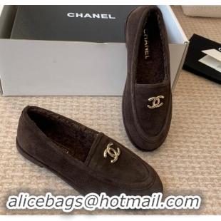 Top Quality Chanel Suede & Shearling Wool Loafers Flat Dark Brown 1120025