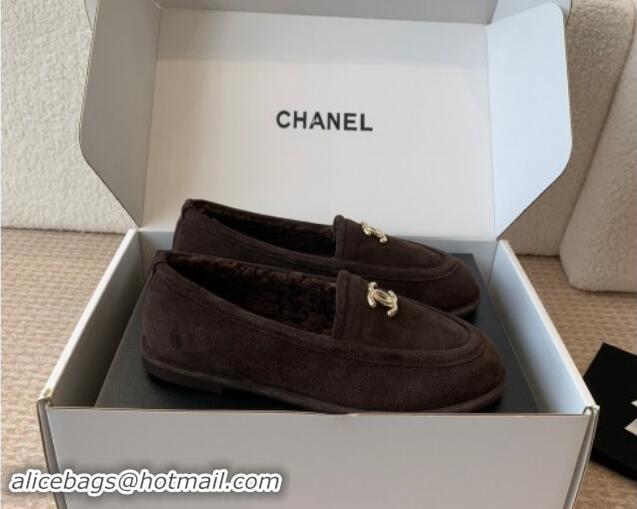 Top Quality Chanel Suede & Shearling Wool Loafers Flat Dark Brown 1120025