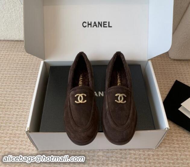 Top Quality Chanel Suede & Shearling Wool Loafers Flat Dark Brown 1120025