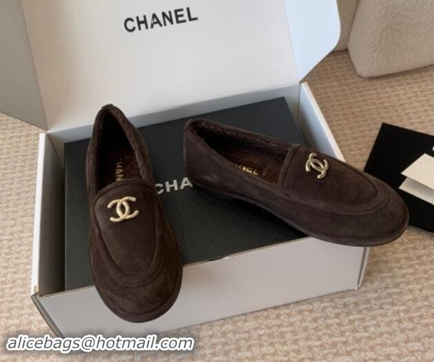 Top Quality Chanel Suede & Shearling Wool Loafers Flat Dark Brown 1120025