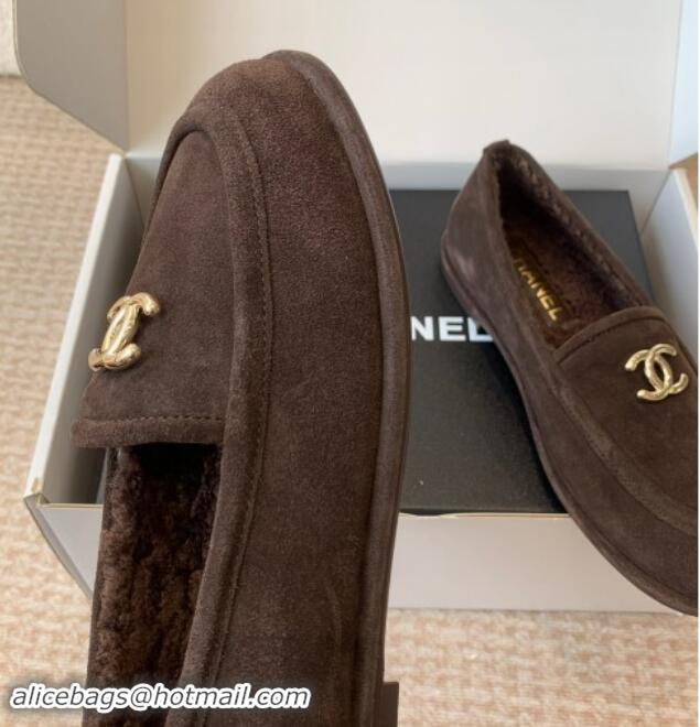 Top Quality Chanel Suede & Shearling Wool Loafers Flat Dark Brown 1120025