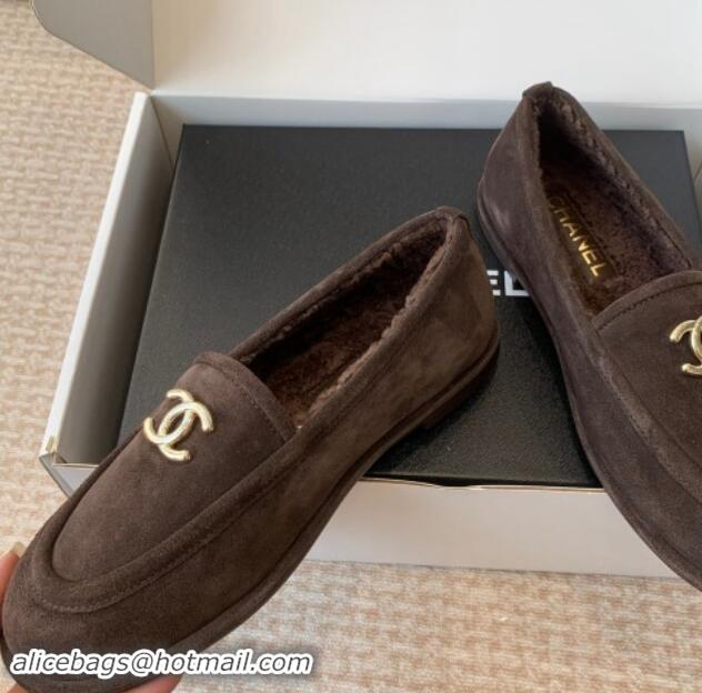 Top Quality Chanel Suede & Shearling Wool Loafers Flat Dark Brown 1120025