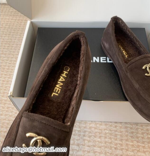 Top Quality Chanel Suede & Shearling Wool Loafers Flat Dark Brown 1120025