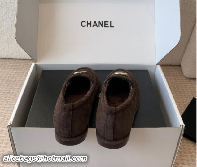 Top Quality Chanel Suede & Shearling Wool Loafers Flat Dark Brown 1120025