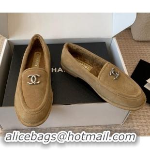 Purchase Chanel Suede & Shearling Wool Loafers Flat Camel Brown 1120026