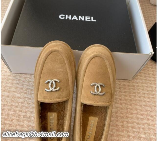 Purchase Chanel Suede & Shearling Wool Loafers Flat Camel Brown 1120026