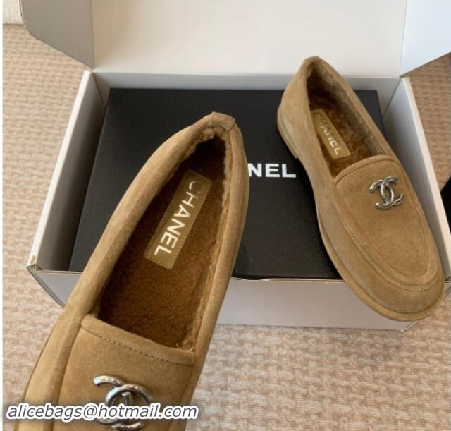 Purchase Chanel Suede & Shearling Wool Loafers Flat Camel Brown 1120026