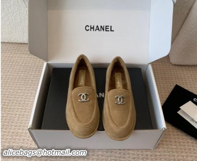 Purchase Chanel Suede & Shearling Wool Loafers Flat Camel Brown 1120026