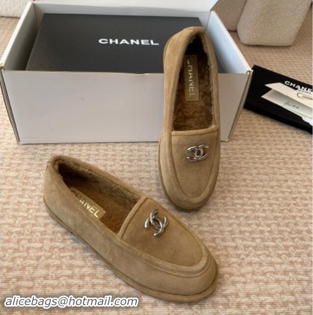 Purchase Chanel Suede & Shearling Wool Loafers Flat Camel Brown 1120026