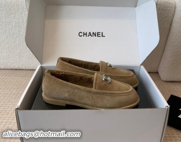 Purchase Chanel Suede & Shearling Wool Loafers Flat Camel Brown 1120026