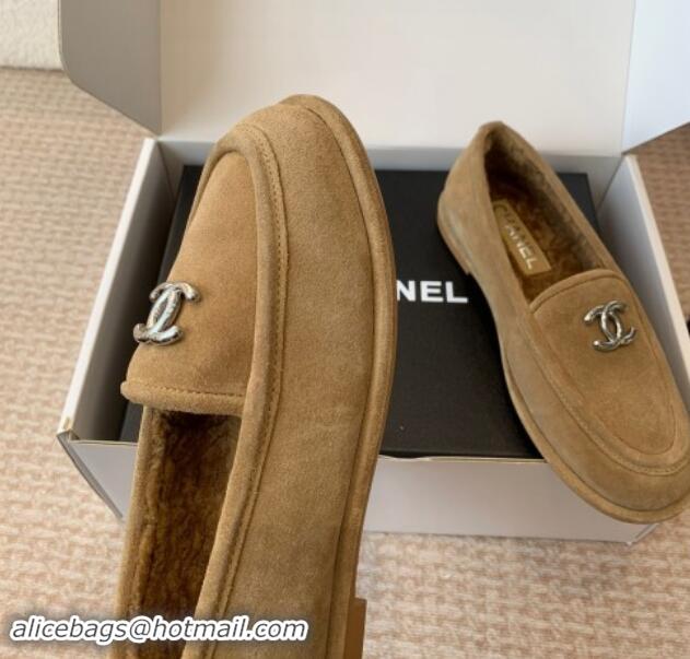 Purchase Chanel Suede & Shearling Wool Loafers Flat Camel Brown 1120026