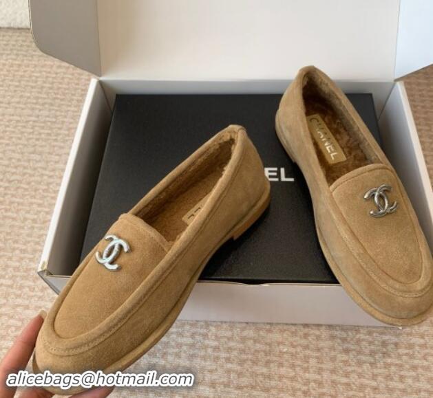 Purchase Chanel Suede & Shearling Wool Loafers Flat Camel Brown 1120026