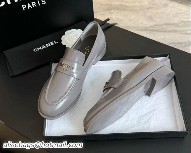 Low Price Chanel Shiny Calfskin Loafers Flat Grey 1120030