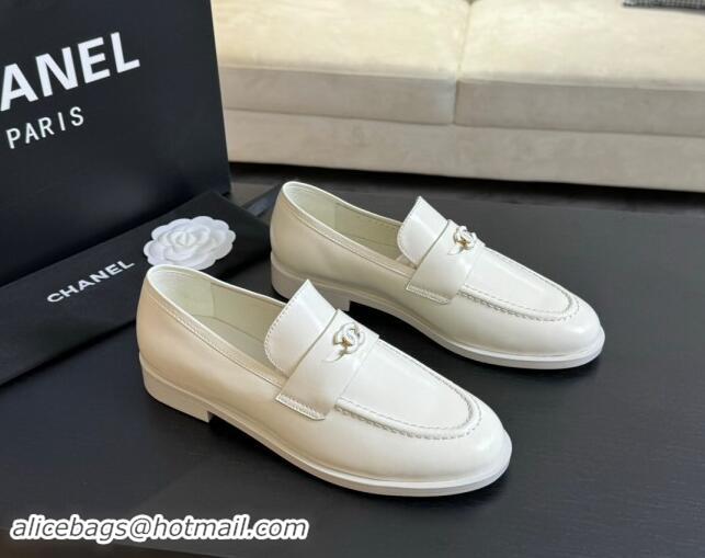 Good Looking Chanel Shiny Calfskin Loafers Flat White 120028