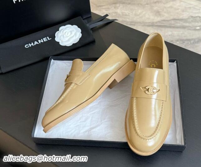 Good Quality Chanel Shiny Calfskin Loafers Flat Beige 1120029