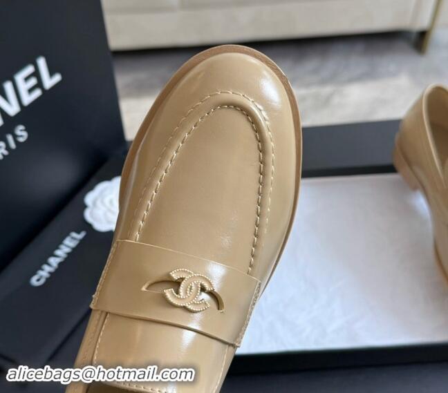 Good Quality Chanel Shiny Calfskin Loafers Flat Beige 1120029