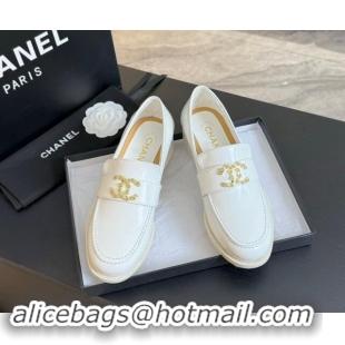 Good Product Chanel Shiny Calfskin Loafers with Camellia CC G45663 White 1120031