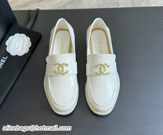 Good Product Chanel Shiny Calfskin Loafers with Camellia CC G45663 White 1120031