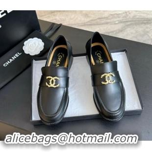 Luxurious Chanel Shiny Calfskin Loafers with Camellia CC G45663 Black 1120032