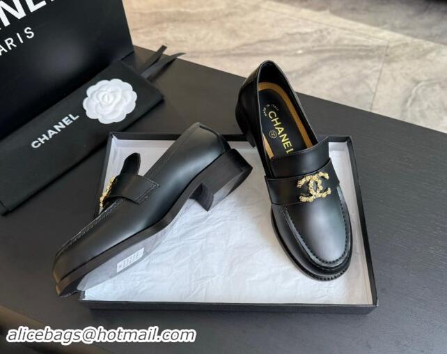 Luxurious Chanel Shiny Calfskin Loafers with Camellia CC G45663 Black 1120032