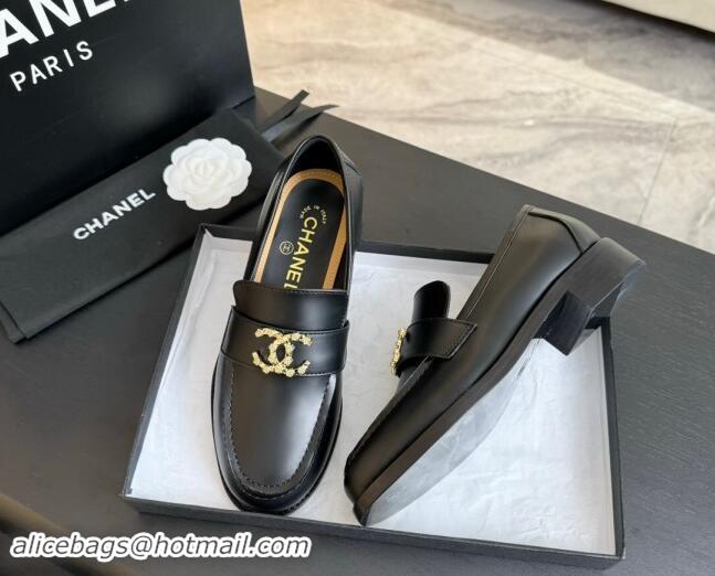 Luxurious Chanel Shiny Calfskin Loafers with Camellia CC G45663 Black 1120032