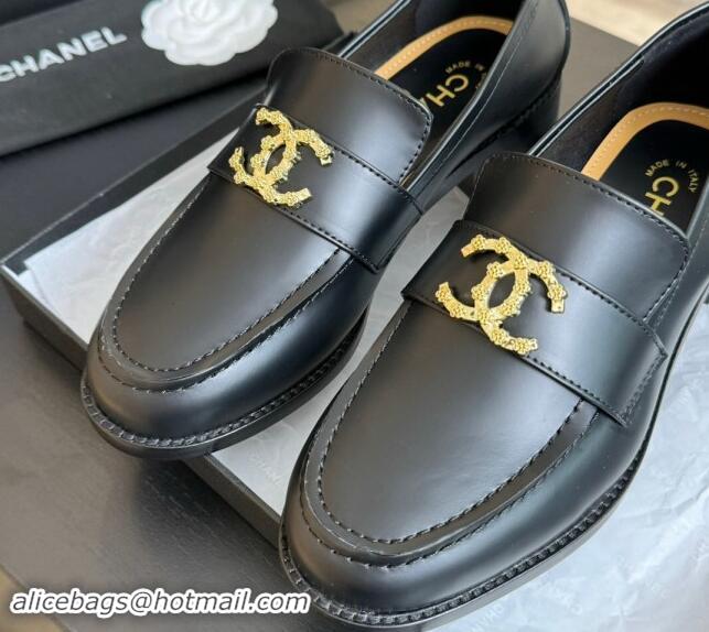 Luxurious Chanel Shiny Calfskin Loafers with Camellia CC G45663 Black 1120032