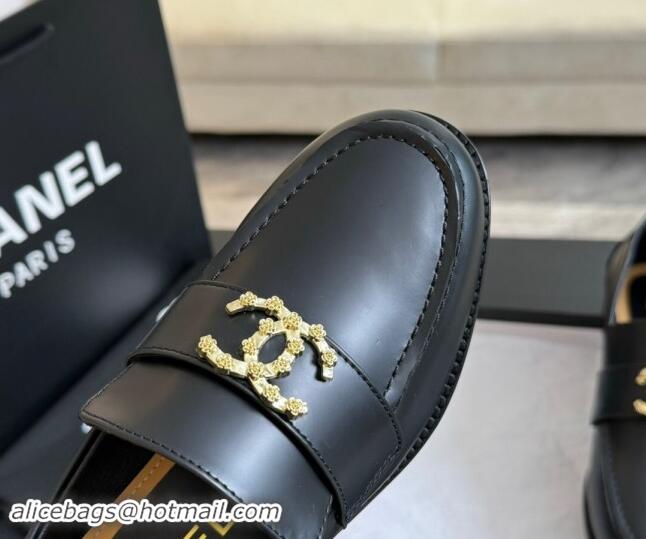 Luxurious Chanel Shiny Calfskin Loafers with Camellia CC G45663 Black 1120032