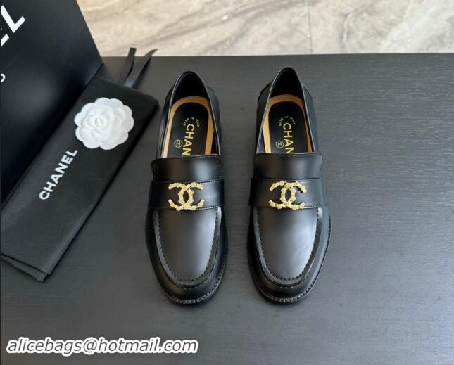 Luxurious Chanel Shiny Calfskin Loafers with Camellia CC G45663 Black 1120032